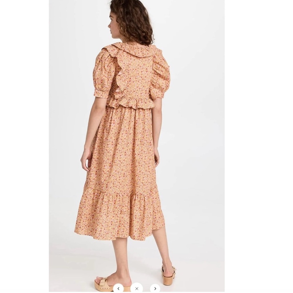 English Factory | Cotton Floral Ruffled Midi Dress, orange with pink roses, XS - Picture 4 of 11